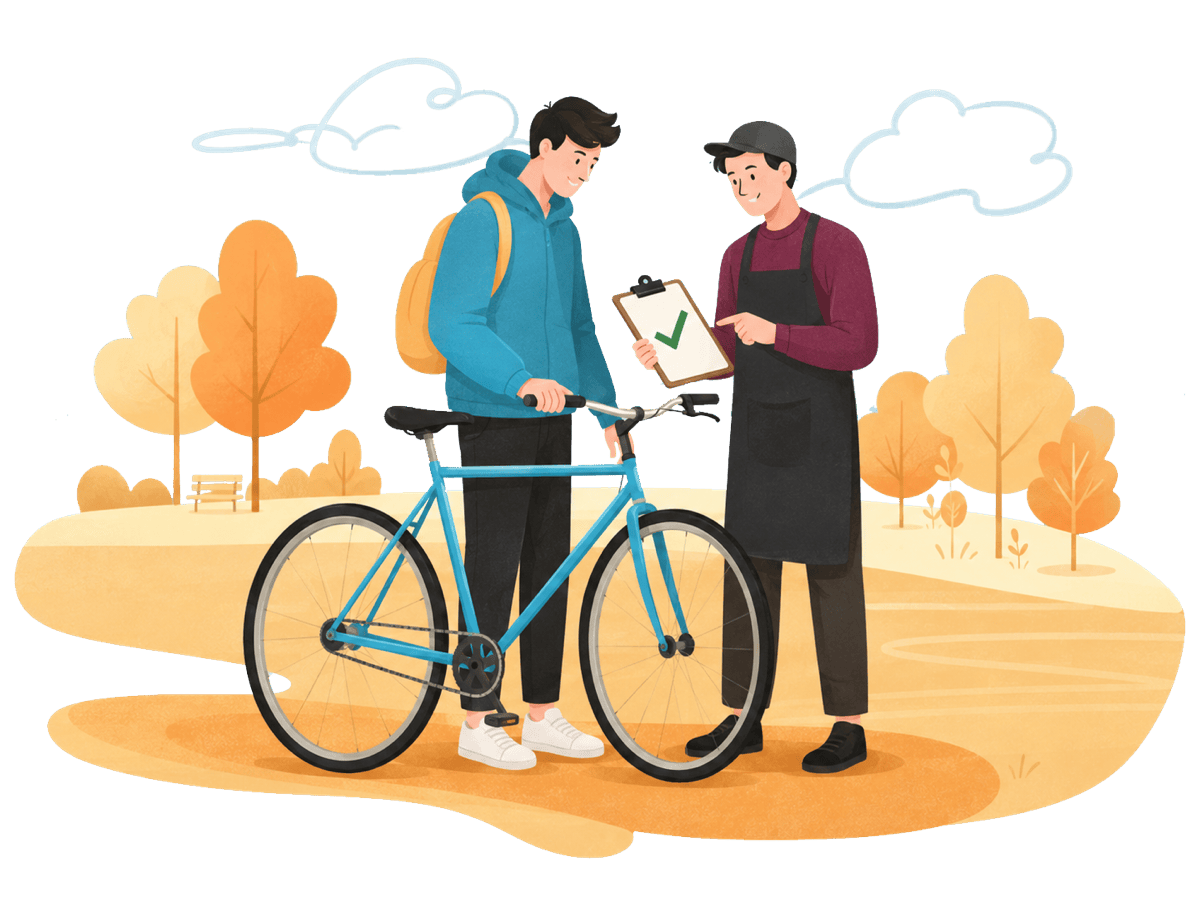 Un partenaire atelier vérifie le vélo d'occasion d'un cycliste et le valide avec une coche
