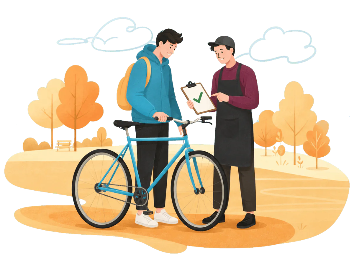 Un partner dell'officina controlla la bicicletta usata di un ciclista e la approva con un segno di spunta