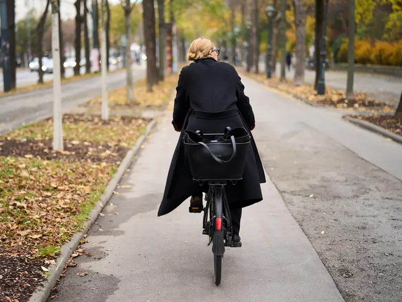 Une cycliste, vue de dos, sur une longue piste cyclable bordée d'arbres en automne.